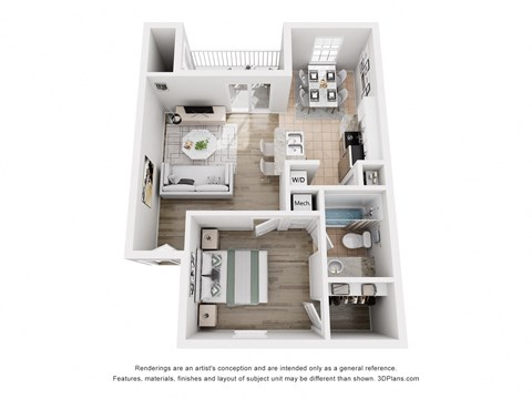 a stylized floor plan with a bedroom and a living room
